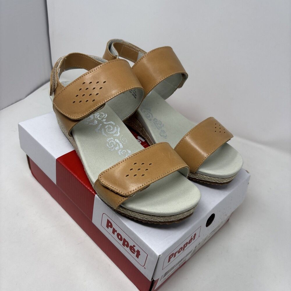 Propét Madrid Leather Wedge Sandals Oyster Tan Women’s 11 Wide D